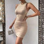 Sleeveless Round Neck Pleated Tight Elastic Short Skirt Party Hip Hugging Dress