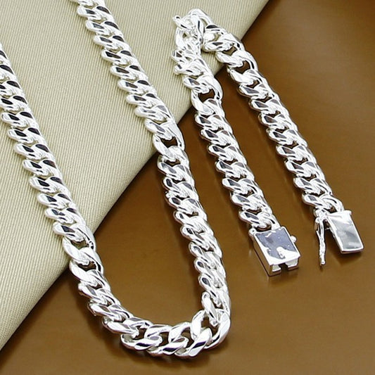 Electroplating 925 Silver 10MM Square Buckle Necklace Bracelet Set